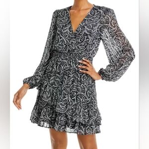 Aqua Floral Print Ruffle Mini Dress Long Sleeve XS